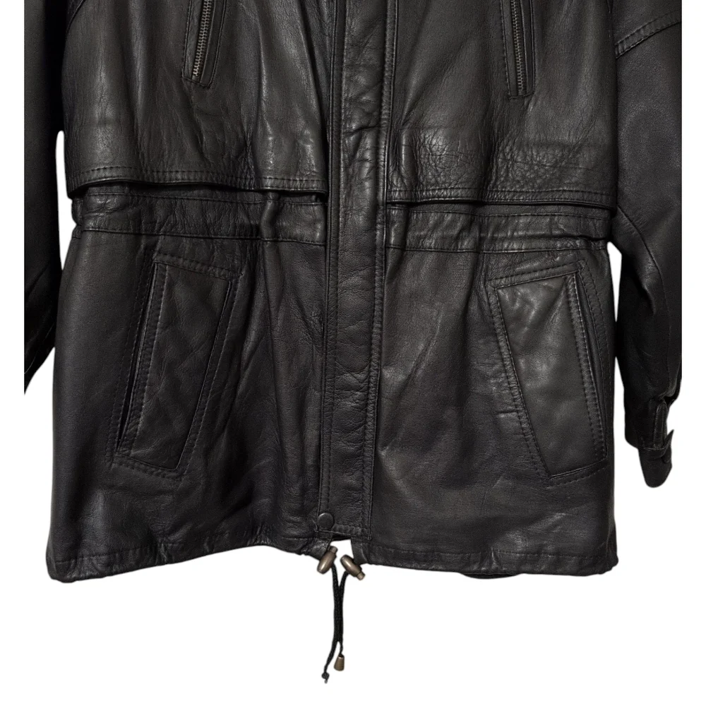 Vintage 80s/90s Men's/ Unisex Black Leather Zip Front Jacket W/ Drawstring